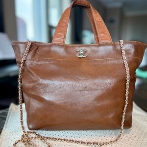 Chanel CC Brown Caviar Leather Tote Silver Tone Hardware Crossbody Option
